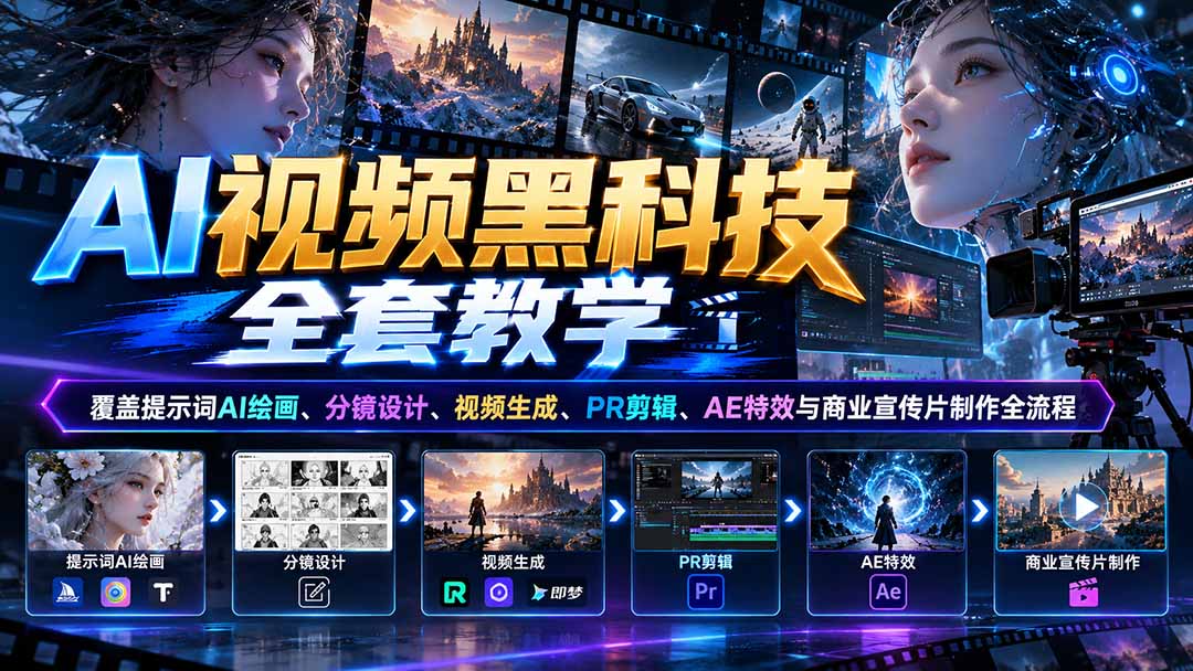 AI视频黑科技全套教学：覆盖提示词AI绘画、分镜设计、视频生成、PR剪辑、AE特效与商业宣传片制作全流程-985网创