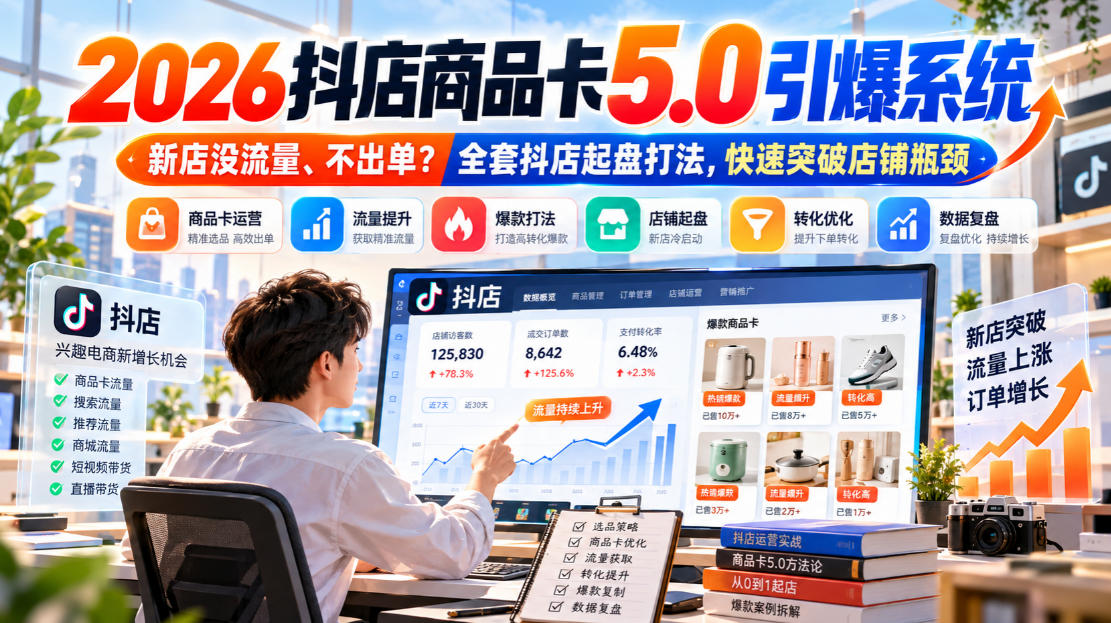 2026抖店商品卡5.0引爆店铺流量，新店没流量、不出单？全套抖店起盘打法，快速突破店铺瓶颈-985网创