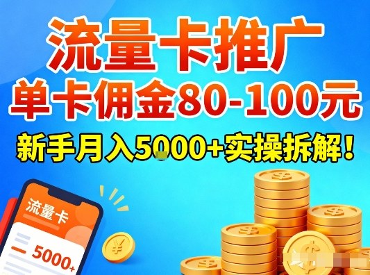 流量卡推广，单卡佣金80-100，新手月入5k+实操拆解！-985网创