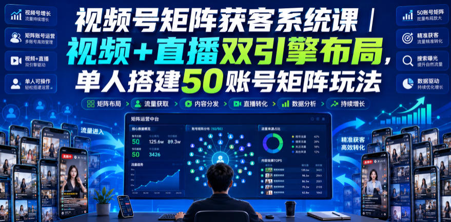 视频号矩阵获客系统课｜视频+直播双引擎布局，单人搭建50账号矩阵玩法，流量入池、搜索占位、全域引流沉淀私域全流程教学-985网创