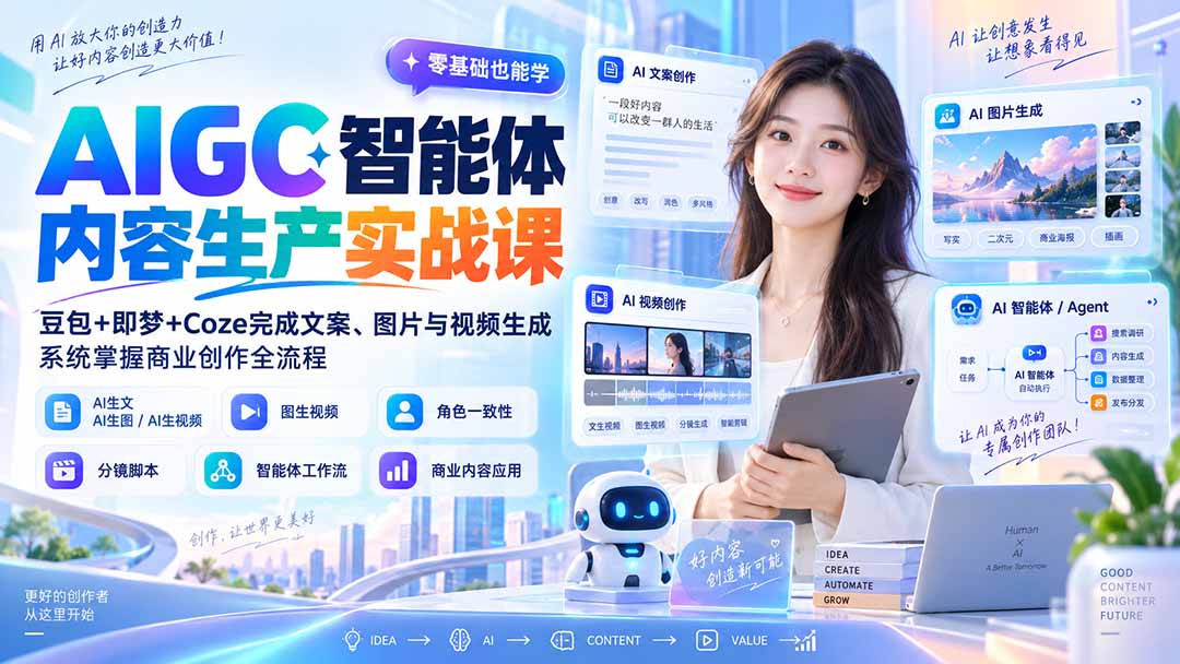 AIGC智能体内容生产实战课：豆包+即梦+Coze完成文案、图片与视频生成，系统掌握商业创作全流程-985网创
