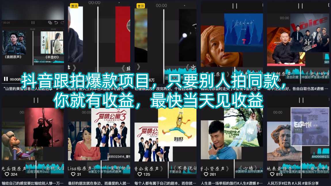 抖音跟拍爆款项目，只要别人拍同款，你就有收益，最快当天见收益-985网创