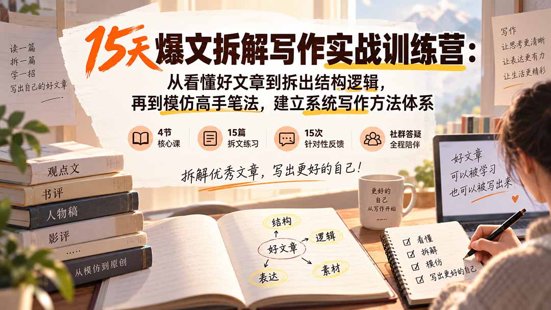 15天爆文拆解写作实战训练营：从看懂好文章到拆出结构逻辑，再到模仿高手笔法，建立系统写作方法体系-985网创