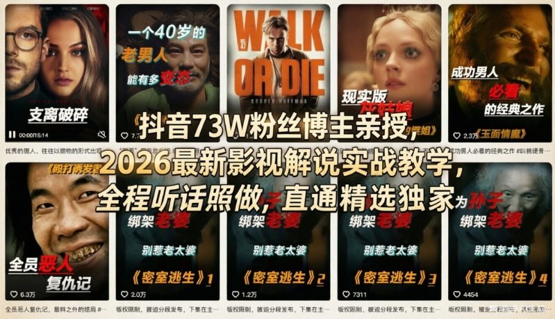 抖音73W粉丝博主亲授，2026最新影视解说实战教学，全程听话照做，直通精选独家-985网创
