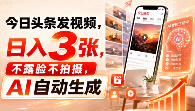 今日头条发视频，日入3张，不露脸不拍摄，AI自动生成-985网创