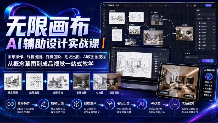 无限画布AI辅助设计实战课｜画布操作、线稿出图、白模渲染、毛坯出图、AI改图全流程，从概念草图到成品视觉一站式教学-985网创