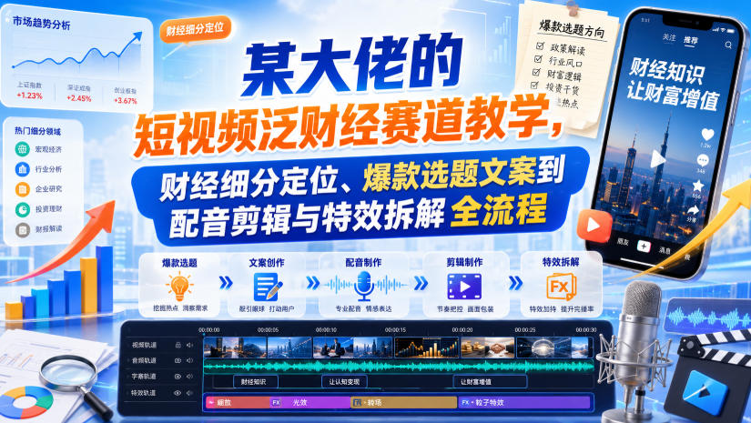 某大佬的短视频泛财经赛道教学，财经细分定位、爆款选题文案到配音剪辑与特效拆解全流程-985网创