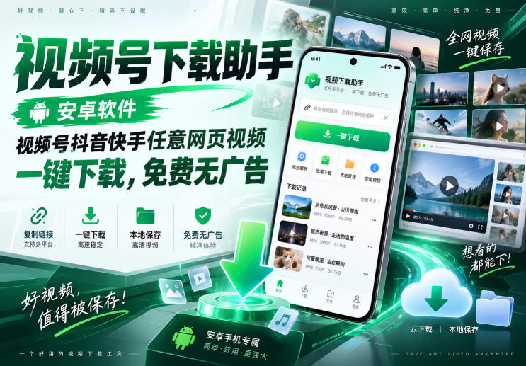 视频号下载助手，安卓软件，视频号抖音快手任意网页视频，一键下载，免费无广告-985网创