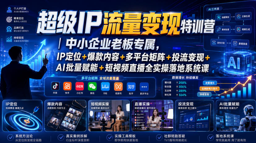 超级IP流量变现特训营｜中小企业老板专属，IP定位+爆款内容+多平台矩阵+投流变现+AI批量赋能+短视频直播全实操落地系统课-985网创