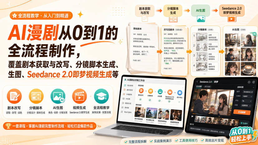 AI漫剧从0到1的全流程制作，覆盖剧本获取与改写、分镜脚本生成、角色场景生图与三视图、Seedance 2.0即梦视频生成(PDF版)-985网创