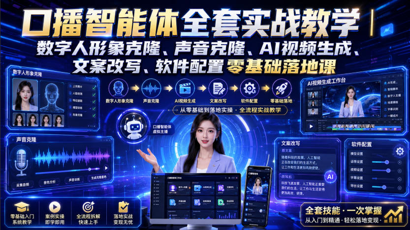 口播智能体全套实战教学｜数字人形象克隆、声音克隆、AI视频生成、文案改写、软件配置零基础落地课-985网创