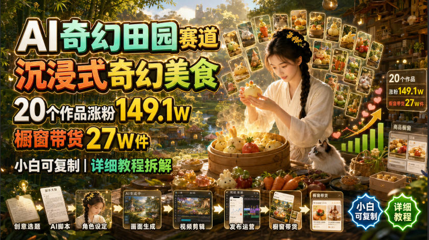 AI奇幻田园赛道，沉浸式奇幻美食，20个作品涨粉149.1W，橱窗带货27W件，小白可复制，详细教程拆解-985网创