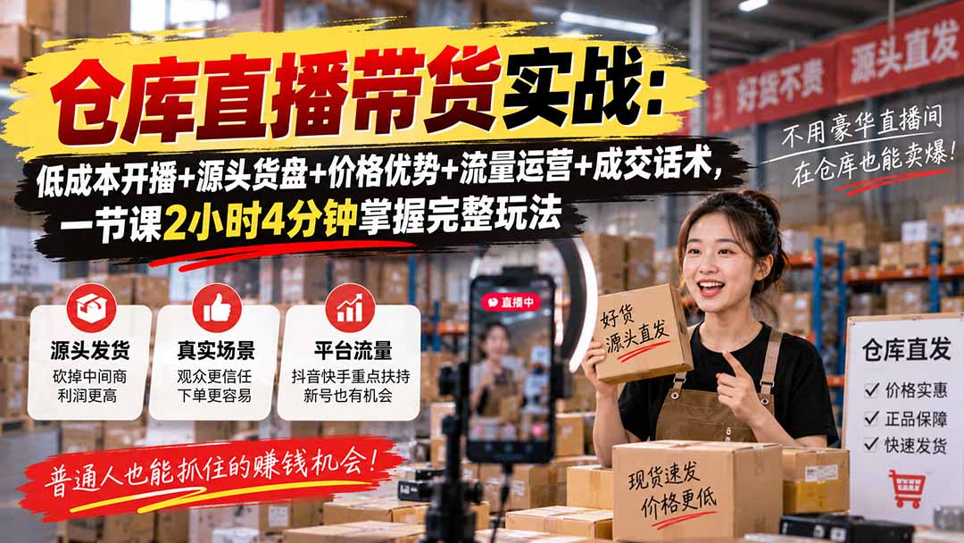 仓库直播带货实战：低成本开播+源头货盘+价格优势+流量运营+成交话术，一节课2小时4分钟掌握完整玩法-985网创
