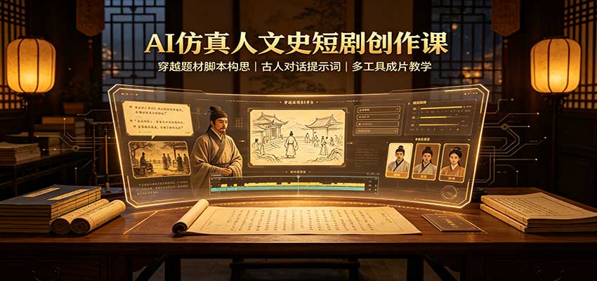 AI仿真人文史短剧创作课：穿越题材脚本构思，古人对话提示词，多工具成片教学-985网创