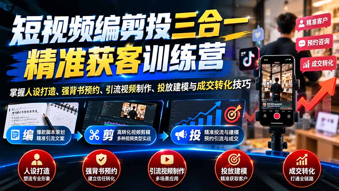 短视频编剪投三合一精准获客训练营：掌握人设打造、强背书预约、引流视频制作、投放建模与成交转化技巧-985网创
