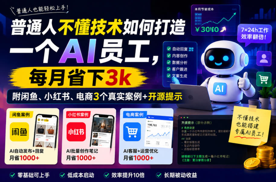 普通人不懂技术如何打造一个AI员工，每月省下3k，附闲鱼、小红书、电商3个真实案例+开源提示【文档】-985网创