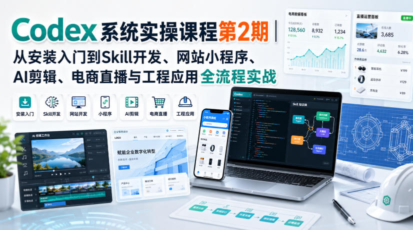 Codex系统实操课程第2期｜从安装入门到Skill开发、网站小程序、AI剪辑、电商直播与工程应用全流程实战-985网创