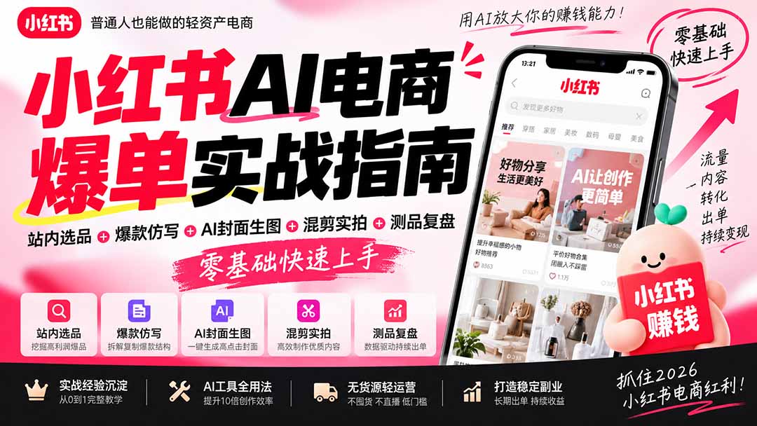 2026小红书AI电商爆单实战指南：站内选品+爆款仿写+AI封面生图+混剪实拍+测品复盘，零基础快速上手-985网创