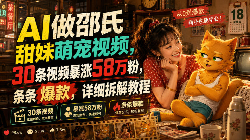 AI做邵氏甜妹萌宠视频，30条视频暴涨58万粉，条条爆款，详细拆解教程-985网创