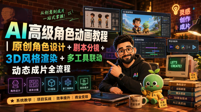 AI高级角色动画教程｜原创角色设计+剧本分镜+3D风格渲染+多工具联动动态成片全流程【中英字幕】-985网创