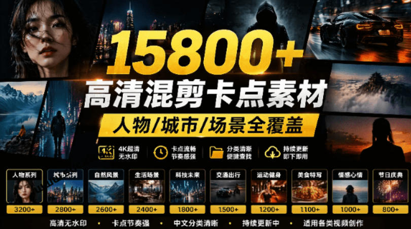 【影视剪辑素材合集】15800+高清混剪卡点｜热门影视精彩片段｜人物/城市/场景全覆盖，中文分类清晰-985网创
