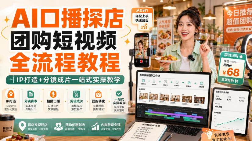 AI口播探店团购短视频全流程教程｜IP打造+分镜成片一站式实操教学-985网创