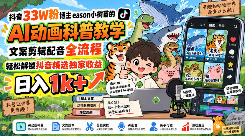 抖音33W粉博主eason小树苗的AI动画科普教学，文案剪辑配音全流程，轻松解锁抖音精选独家收益，日入1k+-985网创