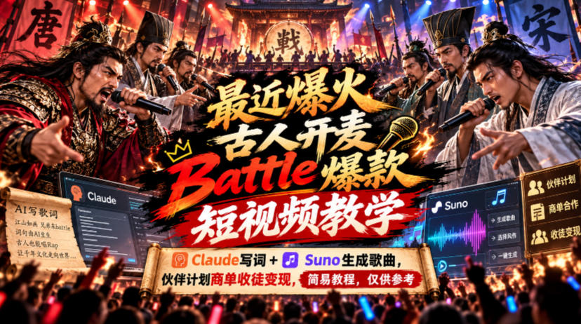最近爆火古人开麦Battle爆款短视频教学，Claude写词+Suno生成歌曲，伙伴计划商单收徒变现，简易教程，仅供参考-985网创