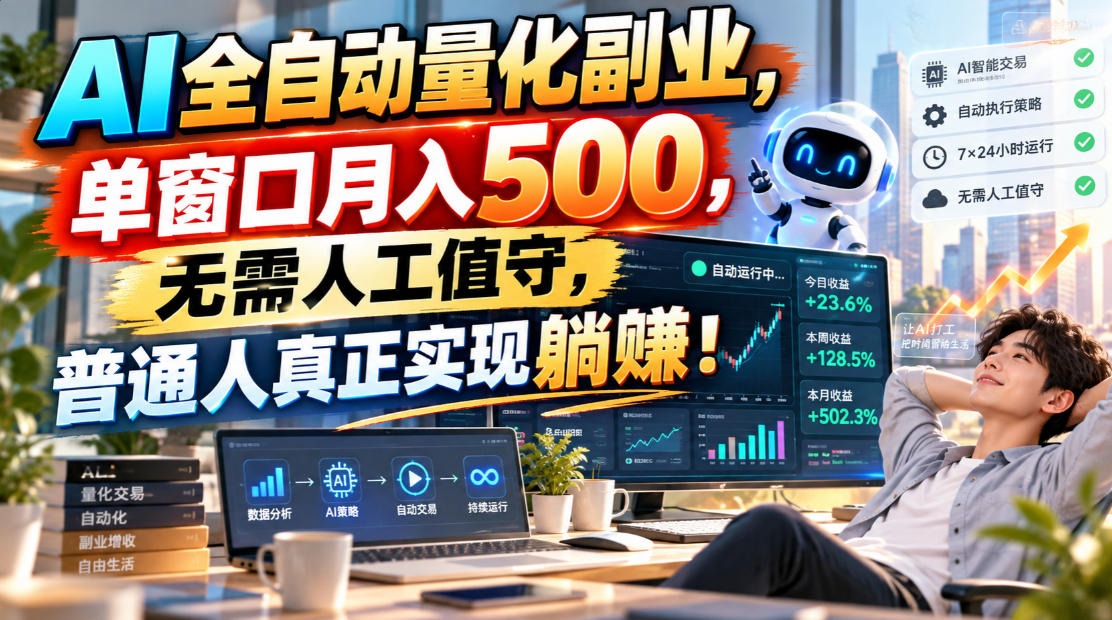 AI全自动量化副业，单窗口月入500，无需人工值守，普通人真正实现躺賺！-985网创