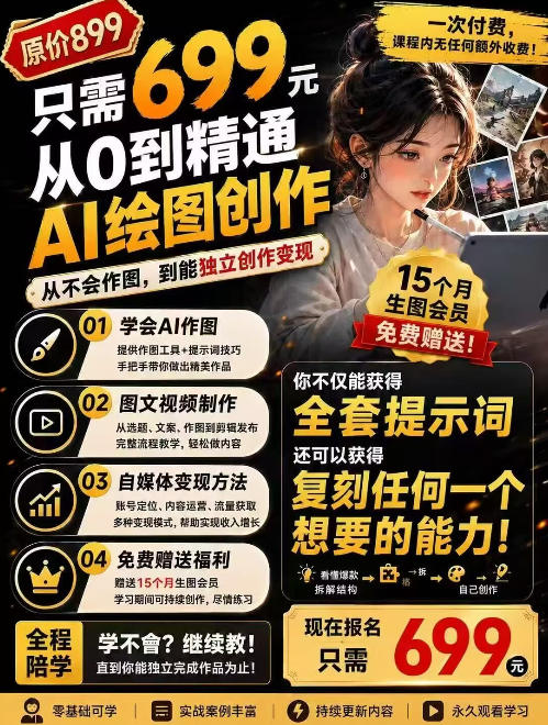 抖音10W粉丝博主的AI绘图教学，从0到精通AI绘图创作，从不会作图到能独立创作变现-985网创
