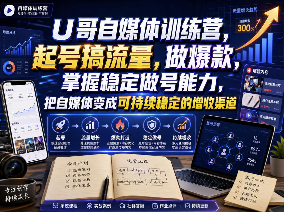 U哥自媒体训练营，起号搞流量，做爆款，掌握稳定做号能力，把自媒体变成可持续稳定的增收渠道-985网创