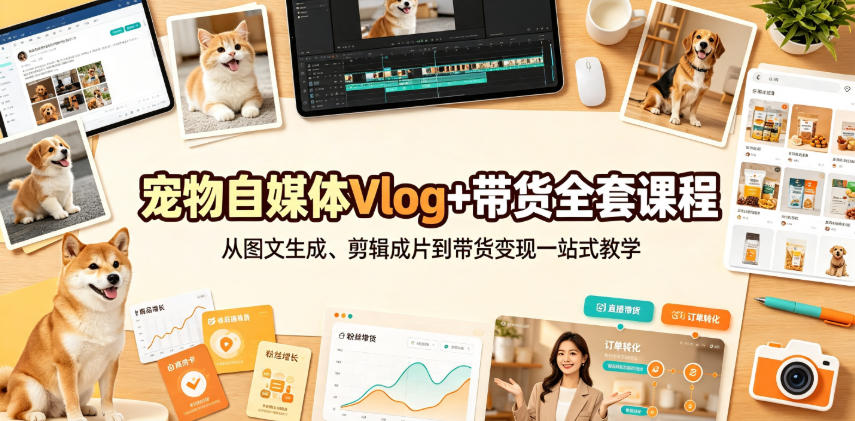 宠物自媒体Vlog+带货全套课程｜从图文生成、剪辑成片到带货变现一站式教学-985网创