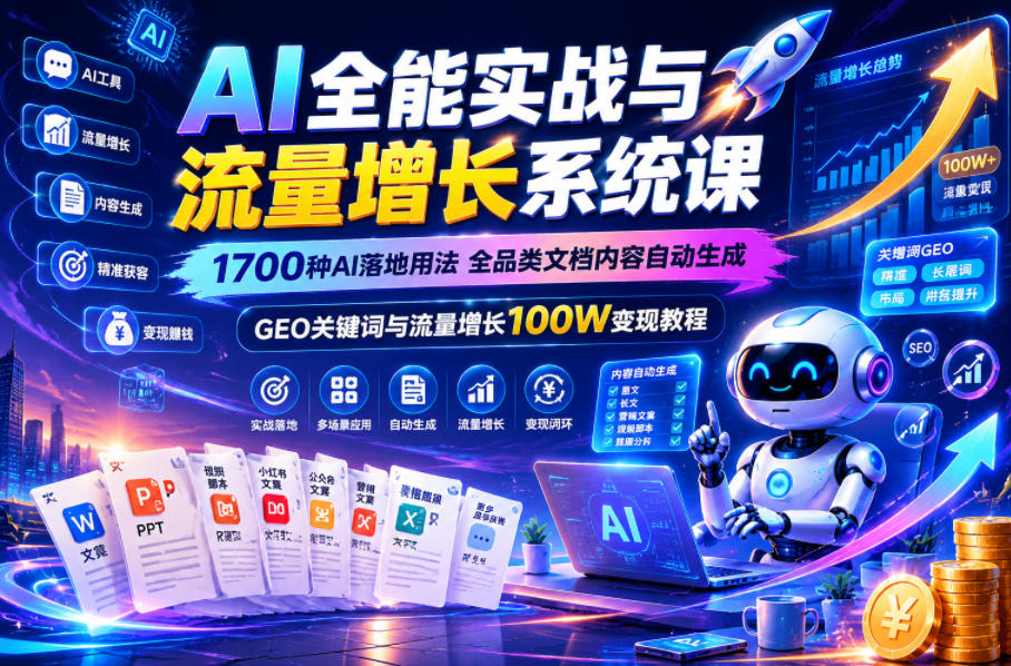AI全能实战与流量增长系统课，1700种AI落地用法，全品类文档内容自动生成，GEO关键词与流量增长100W变现教程-985网创