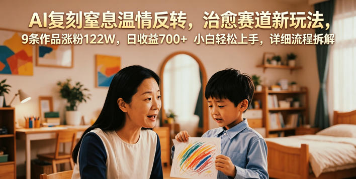 AI复刻窒息温情反转，治愈赛道新玩法，9条作品涨粉122W，日收益700+ 小白轻松上手，详细流程拆解-985网创