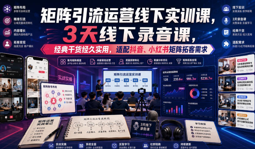 嗨推矩阵引流运营线下实训课，3天线下录音课，经典干货经久实用，适配抖音、小红书矩阵拓客需求-985网创