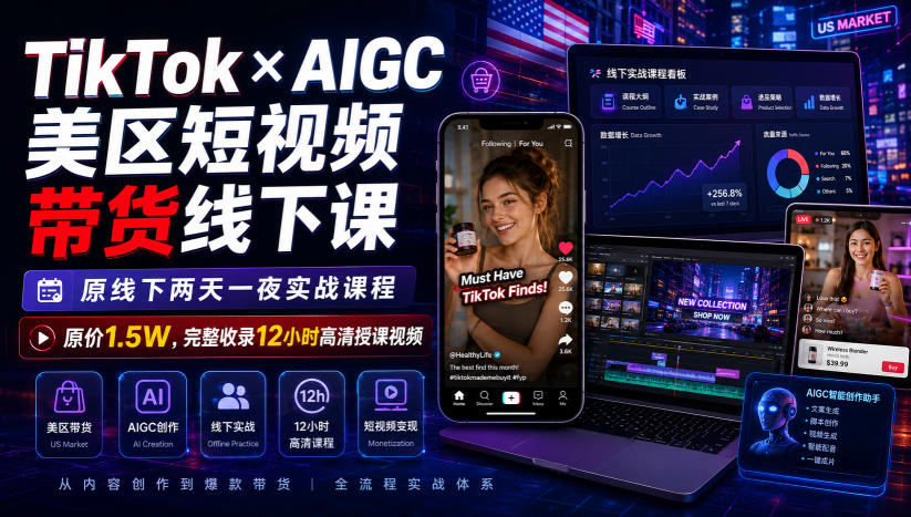 TikTok×AIGC美区短视频带货线下课，原线下两天一夜实战课程，原价1.5W，完整收录12小时高清授课视频-985网创