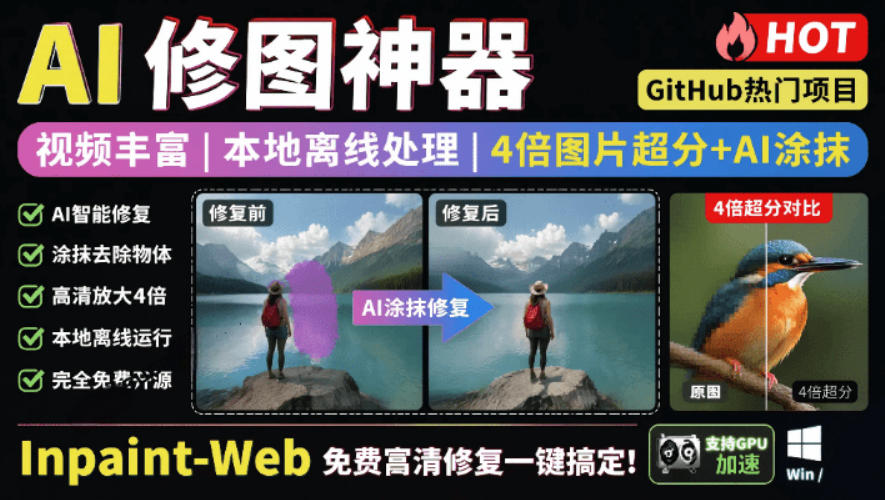 本地离线处理，4倍图片超分+AI涂抹去水印！Github上热门神器，免费高清修复图一键搞定！Inpaint-Web-985网创