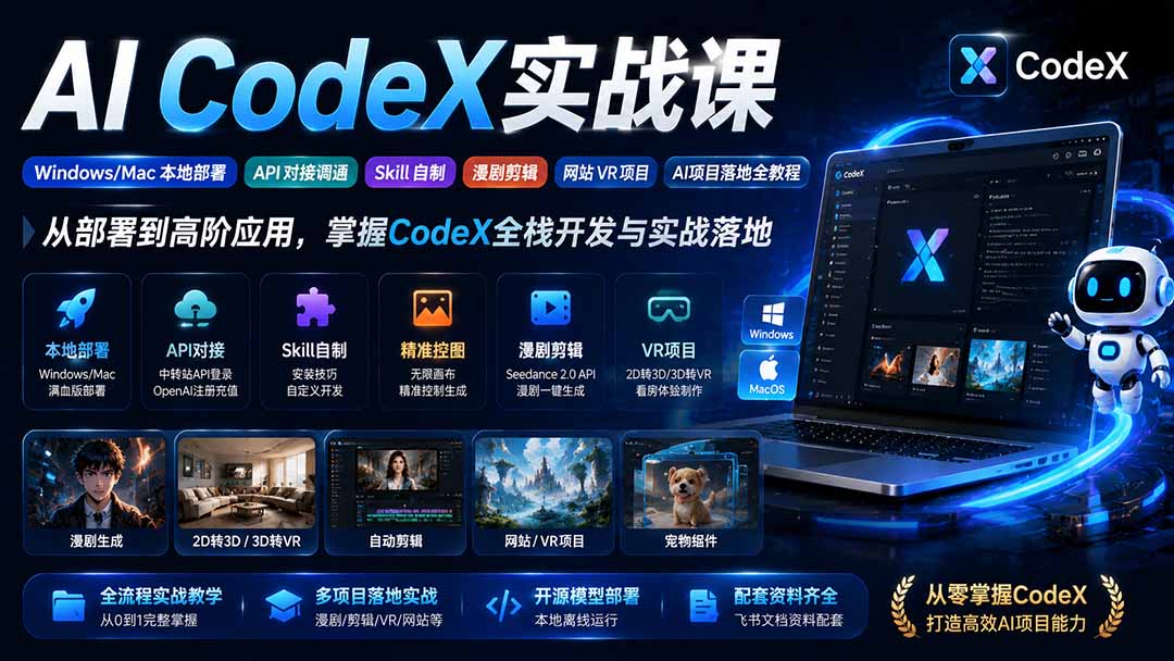 AI  CodeX实战课｜Windows/Mac 本地部署｜API 对接调通｜Skill 自制｜漫剧剪辑｜网站 VR 项目｜AI项目落地全教程-985网创