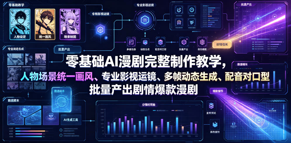 零基础AI漫剧完整制作教学，人物场景统一画风、专业影视运镜、多帧动态生成、配音对口型，批量产出剧情爆款漫剧-985网创