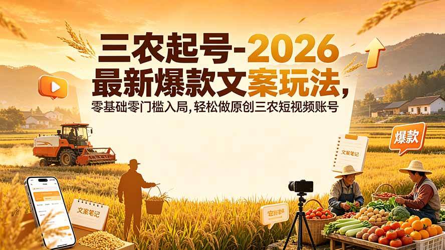 （19537期）三农起号-2026 最新爆款文案玩法，零基础零门槛入局，轻松做原创三农短视频账号-985网创
