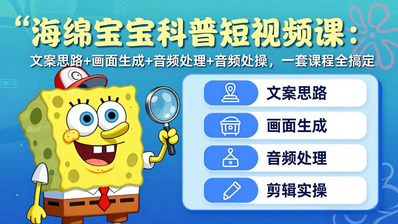 海绵宝宝科普短视频课：文案思路+画面生成+音频处理+剪辑实操，一套课程全搞定-985网创