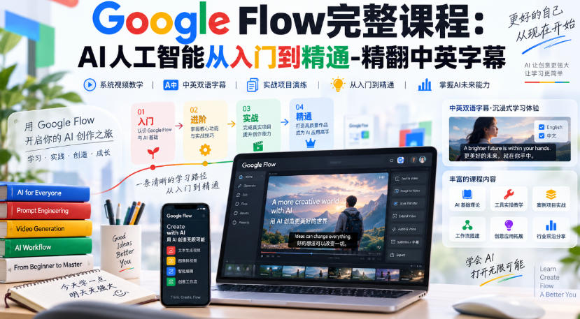 【无水印】Google Flow完整课程：AI人工智能从入门到精通-精翻中英字幕-985网创