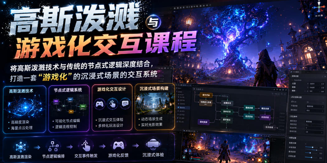 高斯泼溅与游戏化交互课程，将高斯泼溅技术与传统的节点式逻辑深度结合，打造一套“游戏化”的沉浸式场景的交互系统-985网创