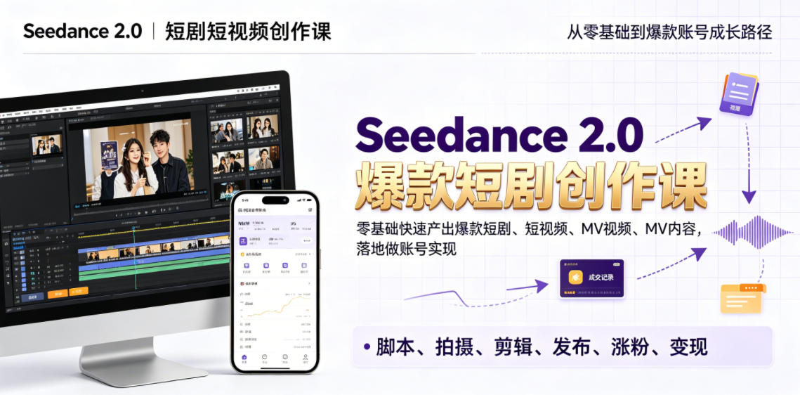 Seedance 2.0短剧短视频创作课，零基础快速产出爆款短剧、短视频、MV内容，落地做账号实现变现-985网创