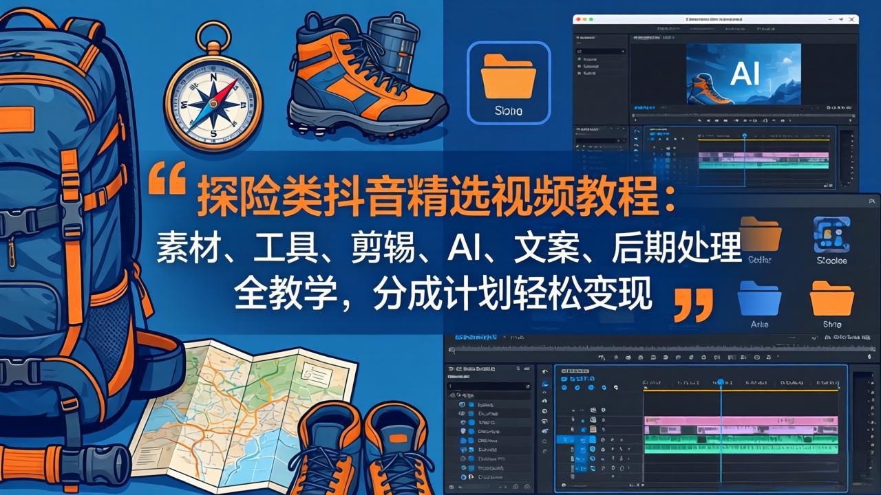 探险类抖音精选视频教程：素材、工具、剪辑、AI、文案、后期处理全教学，分成计划轻松变现-985网创