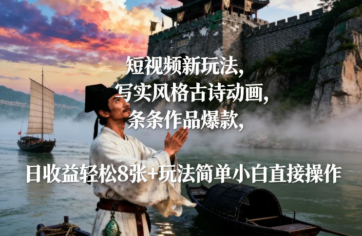 短视频新玩法，写实风格古诗动画，条条作品爆款，日收益轻松8张+玩法简单小白直接操作-985网创