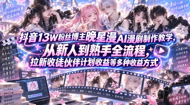 抖音13W粉丝博主晚星漫AI漫剧制作教学，从新人到熟手全流程，拉新收徒伙伴计划收益等多种收益方式，单日1K+-985网创