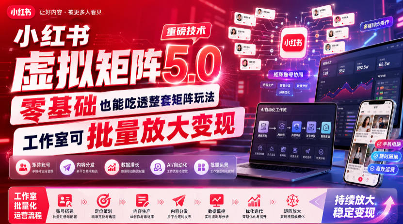 小红书虚拟矩阵5.0重磅技术，零基础也能吃透整套矩阵玩法，工作室可批量放大变现-985网创