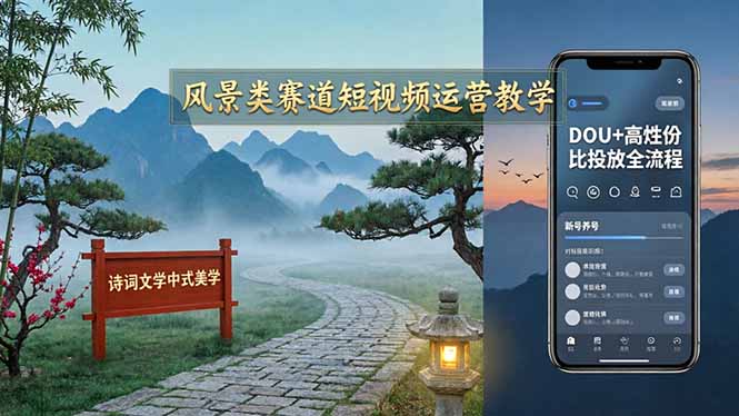 风景类赛道短视频运营教学：诗词文学中式美学，新号养号对标账号定位，DOU+高性价比投放全流程-985网创