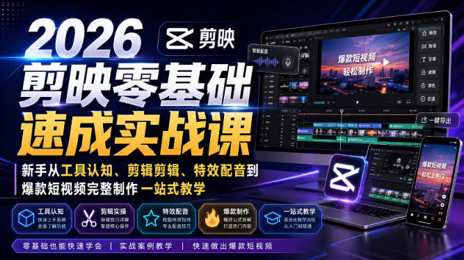 2026剪映零基础速成实战课｜新手从工具认知、剪辑剪辑、特效配音到爆款短视频完整制作一站式教学-985网创